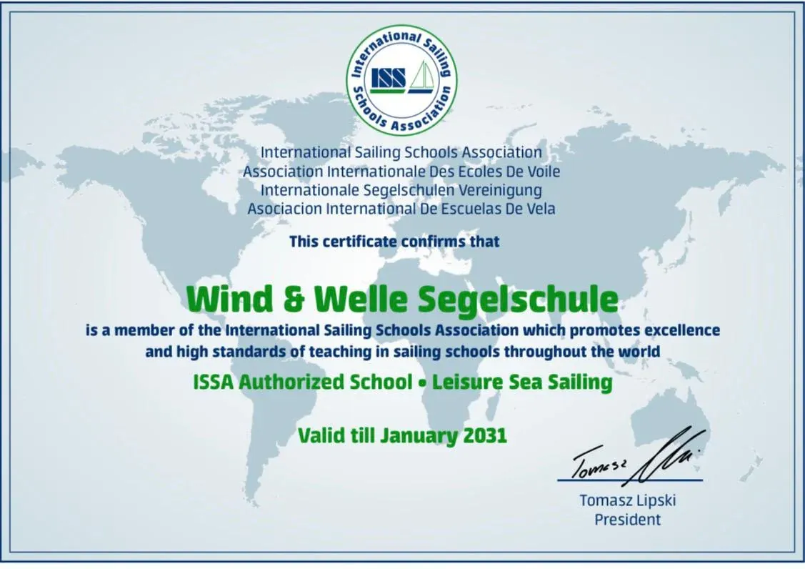 ISSA Authorized School · Leisure Sea Sailing · Wind & Welle Segelschule · valid till January 2031